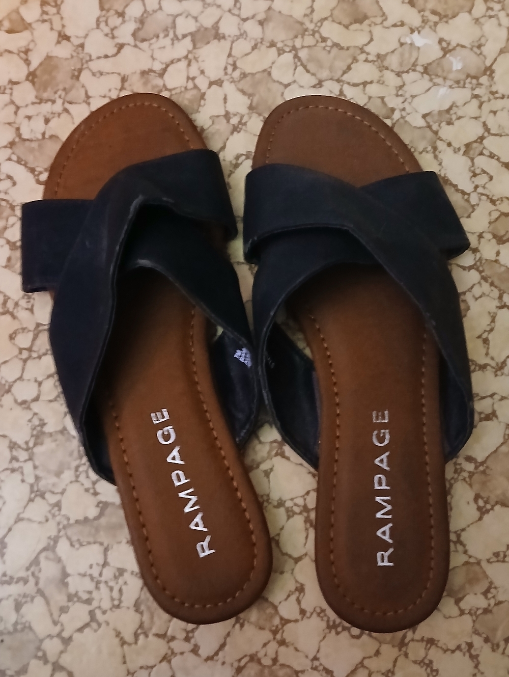Rampage Navy Cross-Strap Slide Sandals with Brown Footbed
